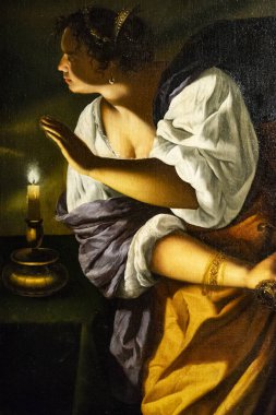 Judith ve hizmetçisi, Artemisia Gentileschi, İtalyan Barok tablosu, yağlı bez. Tablonun ayrıntıları. Gentileschi