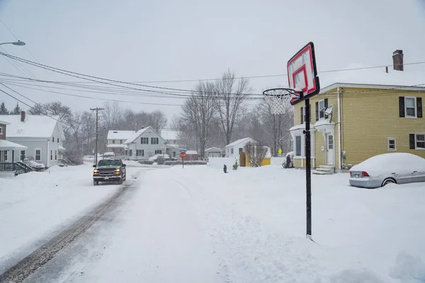 stock image Street full of snow in the wintertime in the town of Saco, Maine