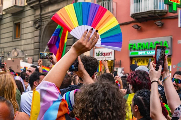 stock image Naples, Italy - July 1, 2023: Some participants in Gay Pride every year brings together thousands of gay people and not to claim the rights to sexual freedom and against homophobia.