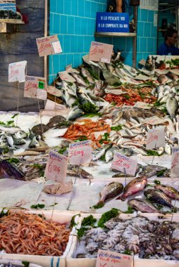 Napoli, İtalya - 3 Mayıs 2025: Napoli, İtalya 'da Pignasecca bölgesinde balık satıcılarının ürünlerine yakın çekim