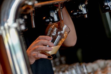 Barmen musluktan bardağa koyu bira dolduruyor.