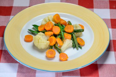 Beyaz tabakta taze sebze pişirdim.