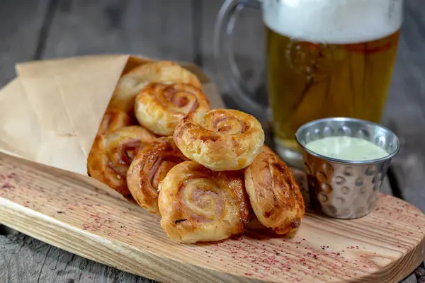 Fried Puff Pastry Snails Cheese Beer Stock Image