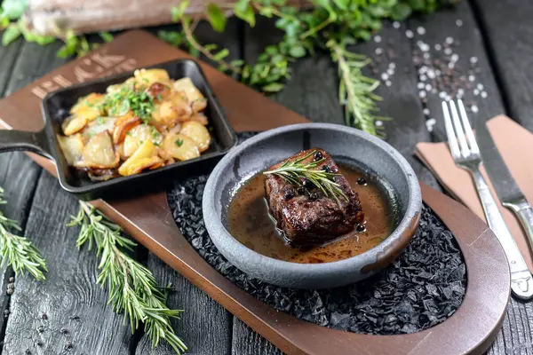 Delicious Beef Steak Potatoes Herbs Served Table Closeup Stock Photo