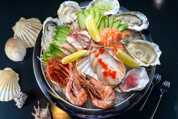 fresh seafood on wooden background