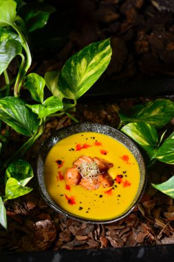 somon ve mikroyeşillikli balkabağı kremalı çorba.