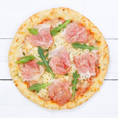 Ham pizza prosciutto square from above on wooden board wood