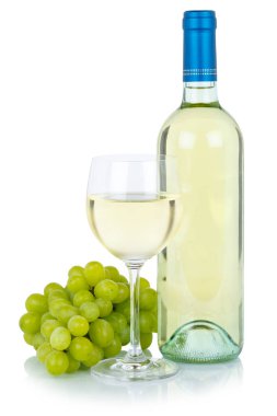 White wine bottle glass alcohol beverage grapes isolated on a white background