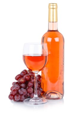 Rose wine bottle glass alcohol beverage grapes isolated on a white background