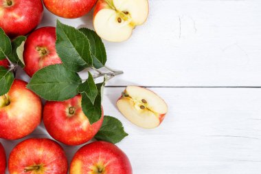 Apples apple fruits fruit with leaves from above copyspace autumn fall copy space wooden board wood