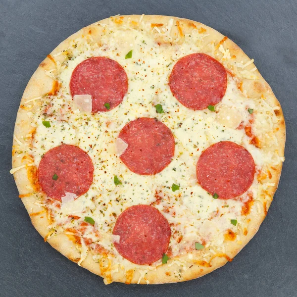 Pizza Salami Square Slate Squared —  Fotos de Stock