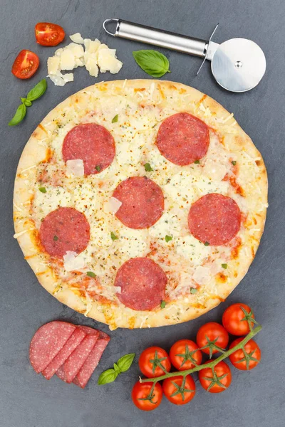 Pizza Salami Baking Ingredients Portrait Format Slate —  Fotos de Stock