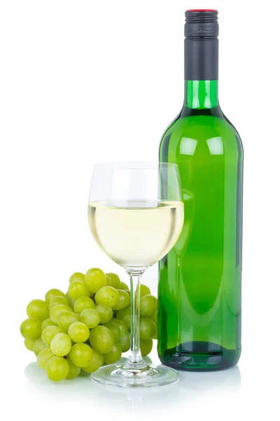 Μπουκάλι Λευκό Κρασί Γυάλινη Αλκοόλη Ποτό Πράσινα Σταφύλια Απομονώνονται Λευκό — Φωτογραφία Αρχείου