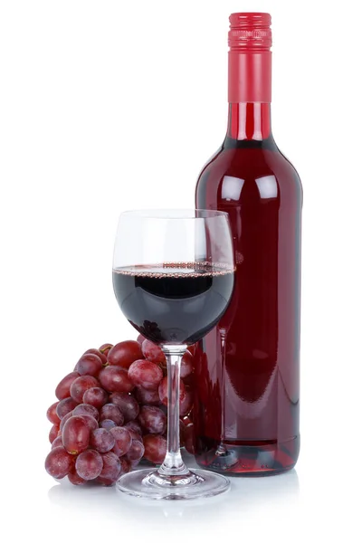 Κόκκινο Μπουκάλι Κρασί Γυάλινη Αλκοόλη Ποτά Σταφύλια Απομονώνονται Λευκό Φόντο — Φωτογραφία Αρχείου