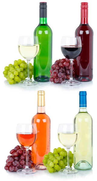 Οινογευσιγνωσία Κρασί Συλλογή Κολάζ Μπουκάλι Αλκοόλ Σταφύλια Απομονώνονται Λευκό Φόντο — Φωτογραφία Αρχείου