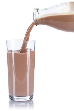 Chocolate drink milk pouring pour glass bottle isolated on a white background