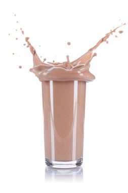 Chocolate drink milk splash splashing glass isolated on a white background