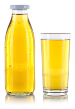 Apple juice in a bottle and glass isolated on a white background