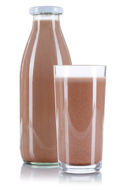 Chocolate drink milk in a glass and bottle isolated on a white background