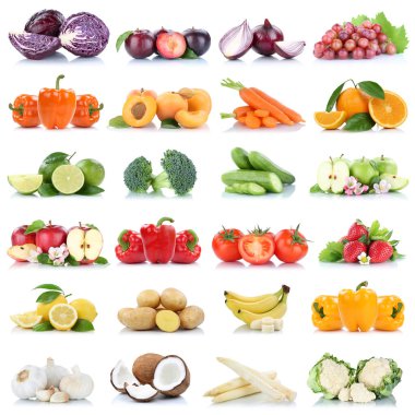 Fruits and vegetables collection isolated apple garlic orange grapes banana colors fresh fruit on a white background