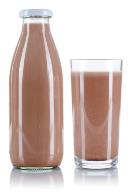 Chocolate drink milk glass and bottle isolated on a white background
