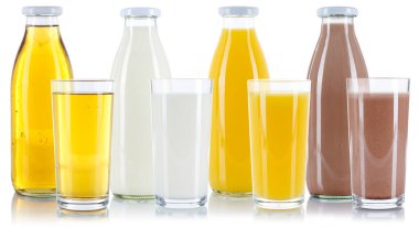Apple orange juice milk and chocolate drink bottle glass isolated on a white background