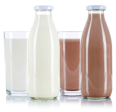 Milk and chocolate drink glass and bottle isolated on a white background