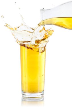 Apple juice pouring pour splash splashing glass bottle isolated on a white background