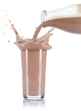 Chocolate drink milk pouring pour splash splashing glass bottle isolated on a white background