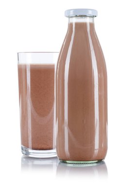 Chocolate drink milk glass and bottle isolated on a white background