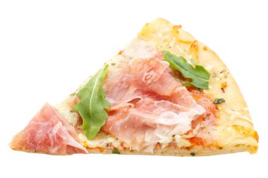 Ham pizza slice prosciutto isolated on a white background