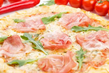 Ham pizza prosciutto baking ingredients close up closeup