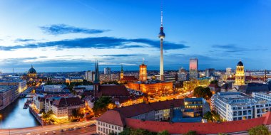 Berlin skyline panoramic view tv tower townhall twilight Germany city blue hour
