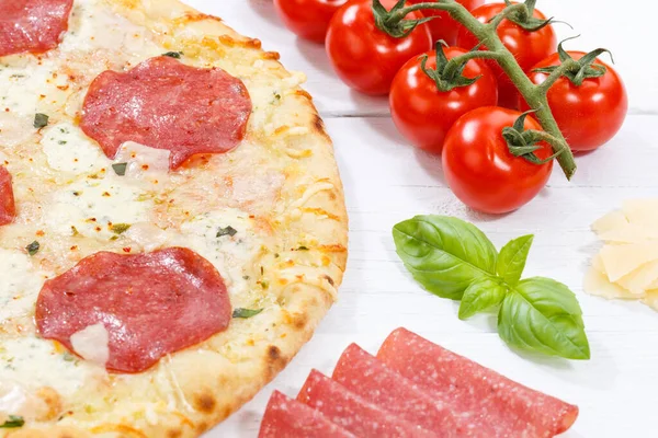 Pizza Salami Ψήσιμο Συστατικά Ξύλο Ξύλινη Σανίδα — Φωτογραφία Αρχείου