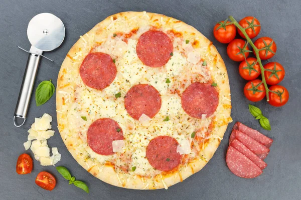 Pizza Salami Baking Ingredients Slate —  Fotos de Stock