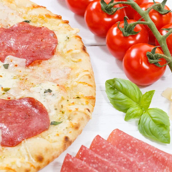 Pizza Salami Ψήσιμο Συστατικά Πλατεία Ξύλο Ξύλο Σανίδα — Φωτογραφία Αρχείου