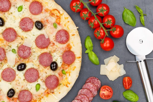 Pizza Pepperoni Salami Baking Ingredients Close Slate —  Fotos de Stock