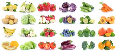 Meyve ve sebze koleksiyonu beyaz üzerine izole edilmiş elma limonlu domates turuncu meyve kolajı.