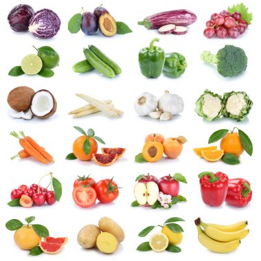 Meyve ve sebze koleksiyonu beyaz üzerine izole edilmiş elma domatesleri portakal salatası taze meyve karesi meyveleri.