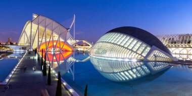 Valencia, İspanya - 17 Şubat 2022 Ciutat de les Arts i les Ciencies Modern mimari Santiago Calatrava Panorama.