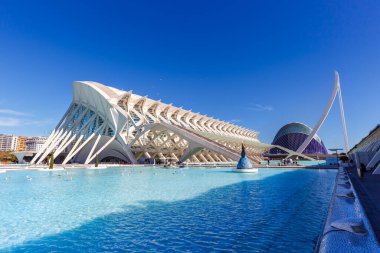 Valencia, İspanya - 18 Şubat 2022 Ciutat de les Arts i les Ciencies with science museum building modern architecture by Santiago Calatrava, İspanya.