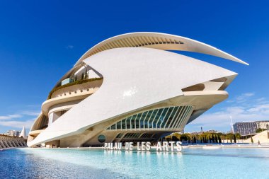 Valencia, İspanya - 17 Şubat 2022 Ciutat de les Arts i les Ciencies with Palace of the Arts ile modern mimari Santiago Calatrava Valencia, İspanya.