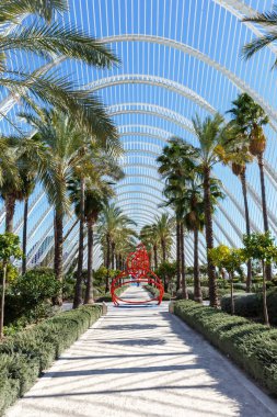 Valencia, İspanya - 17 Şubat 2022 Ciutat de les Arts i les Ciencies with LUmbracle building modern mimari by Santiago Calatrava portre format, Valencia, İspanya.