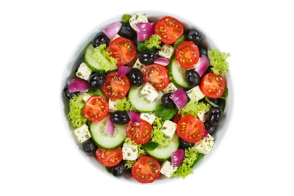 新鮮なトマトのオリーブとフェタチーズとギリシャのサラダ健康的な白い食べる上から隔離された食事 — ストック写真