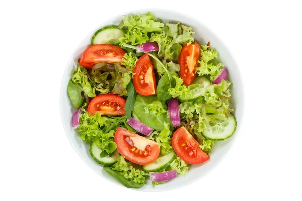 白で隔離された上から食べる新鮮なトマトの健康的な食事と混合サラダ — ストック写真