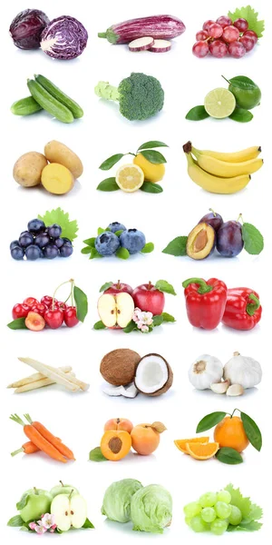 Frukt Och Grönsaker Samling Isolerad Vitt Med Äppeltomater Apelsincitroner Sallad — Stockfoto