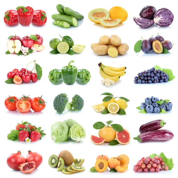 Frukt Och Grönsaker Bakgrund Samling Isolerad Vitt Med Äpple Citron — Stockfoto