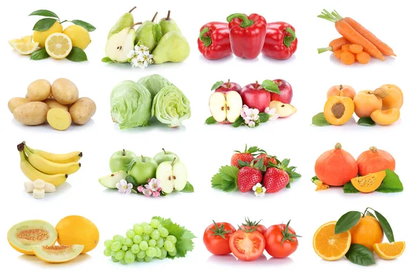 Groenten Fruit Achtergrond Collectie Geïsoleerd Wit Met Appel Tomaten Sinaasappel — Stockfoto