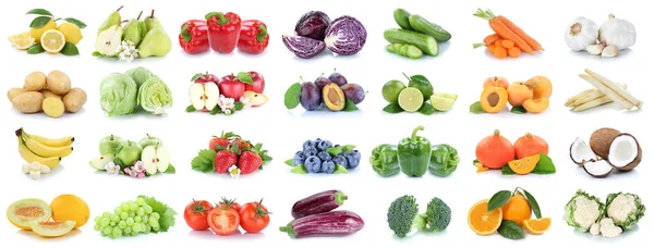 Fruits Légumes Bannière Collecte Fond Isolé Sur Blanc Avec Tomates — Photo