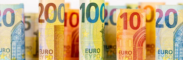 Банкноты Евро Счет Экономии Денег Фоновая Оплата Оплаты Панорама Финансы — стоковое фото